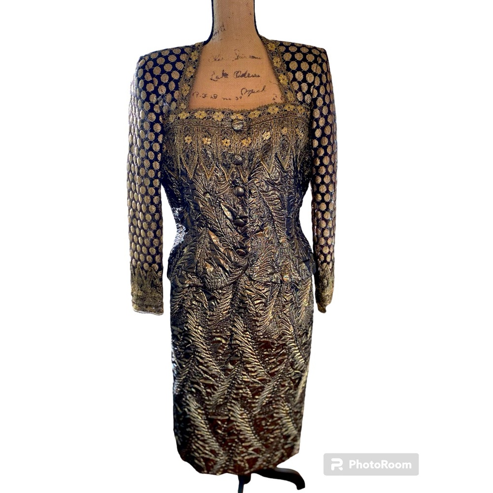 Vintage Victor Costa Gold and Black 2-Piece Jacket and Skirt Set | Size 14